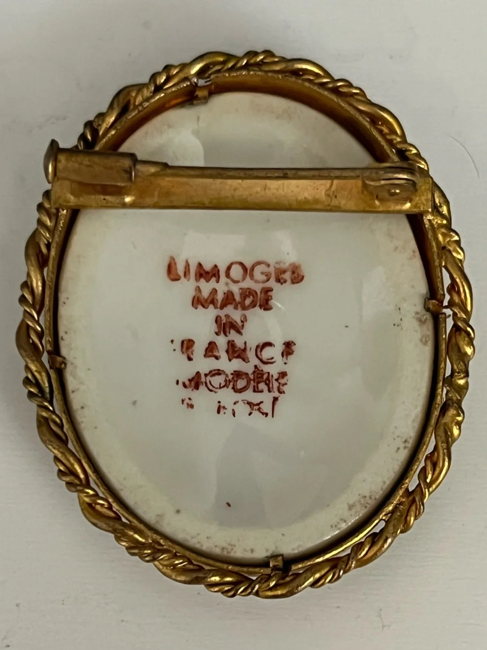 Limoges France Brooch Mahatma Gandhi Porcelain Hand-Painted, Gold Gilt Frame